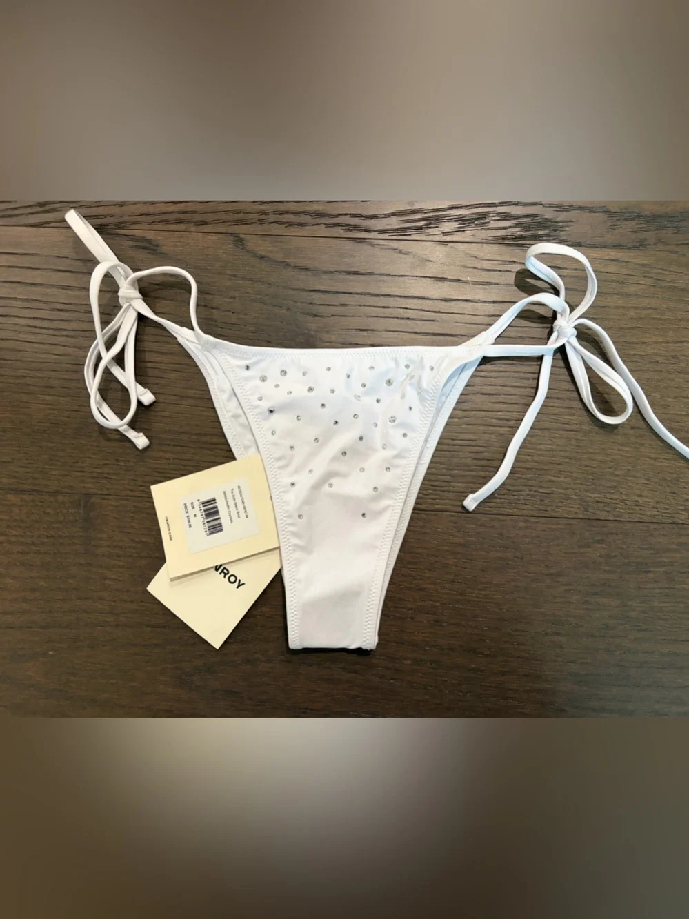 Venroy Tie Side Bikini Brief Bottom in White/Hotfix Crystals. NWT. Size medium.